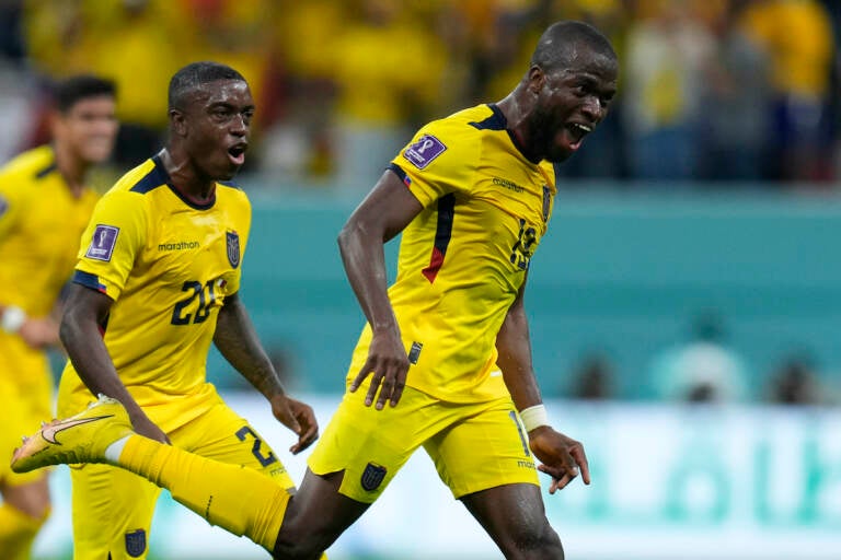 Ecuador's Enner Valencia celebrates scoring his side's second goal against Qatar during a World Cup group A soccer match at the Al Bayt Stadium in Al Khor , Qatar, Sunday, Nov. 20, 2022. (AP Photo/Manu Fernandez)