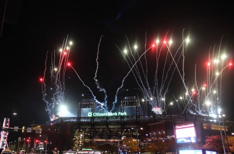 Fireworks lit up the night sky as the National Anthem was performed at Citizens Bank Park on Nov. 3, 2022. (Cory Sharber/WHYY)