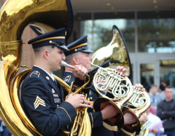 IMG_1292 Marching bands including brass sections and bagpipes could be seen at the 2022 Philadelphia Veterans Parade. (Cory Sharber/WHYY)