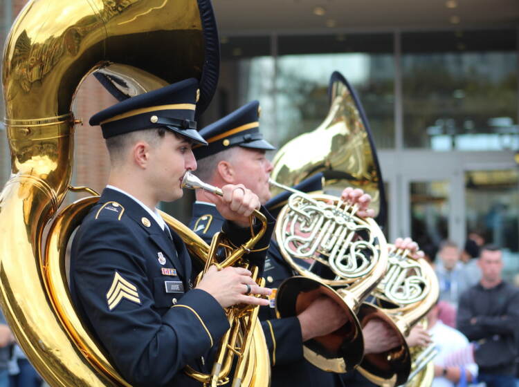 Marching bands including brass sections and bagpipes could be seen at the 2022 Philadelphia Veterans Parade. (Cory Sharber/WHYY)