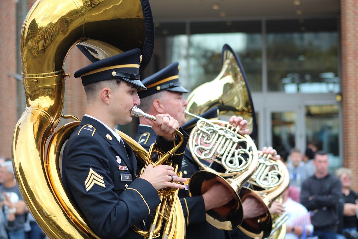 Marching bands including brass sections and bagpipes could be seen at the 2022 Philadelphia Veterans Parade. (Cory Sharber/WHYY)