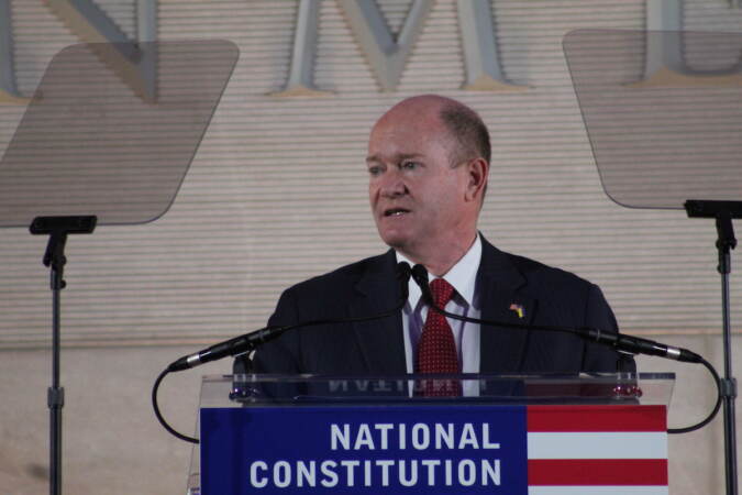 U.S. Senator Chris Coons addressed the crowd at the National Constitution Center. He delivered the Liberty Medal to Zelenskyy in Kiev. (Cory Sharber/WHYY)