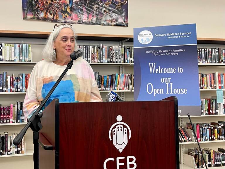 Tracey Quillen Carney, Delaware's first lady, gave a speech in appreciation of Wilmington students' expanded access to mental health services. (Johnny Perez-Gonzalez/WHYY)