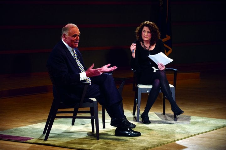 Marty Moss-Coane interviews former Pennsylvania Gov. Ed Rendell on stage at the Kimmel Center