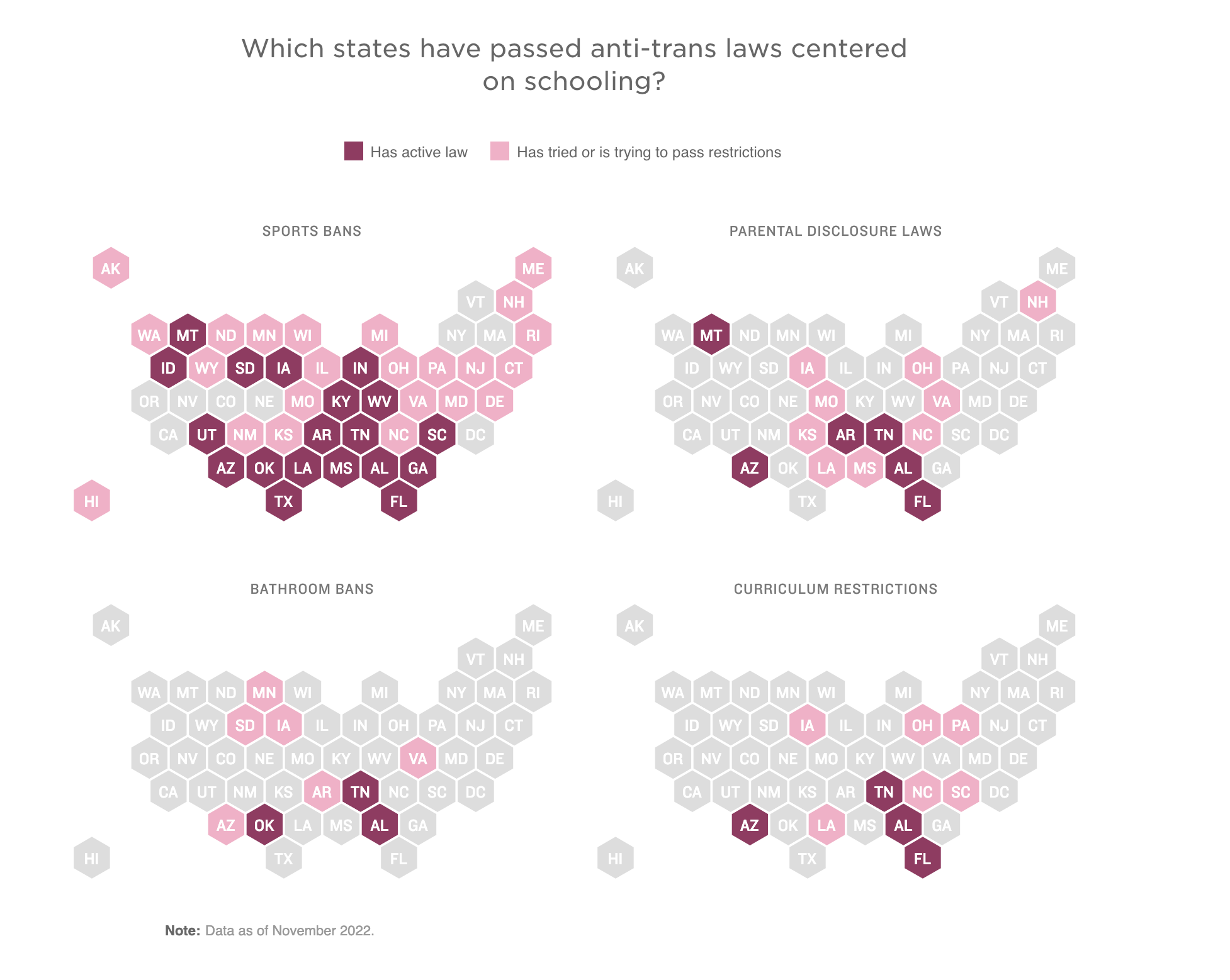 A series of maps show which states have passed anti-trans laws centered on schooling