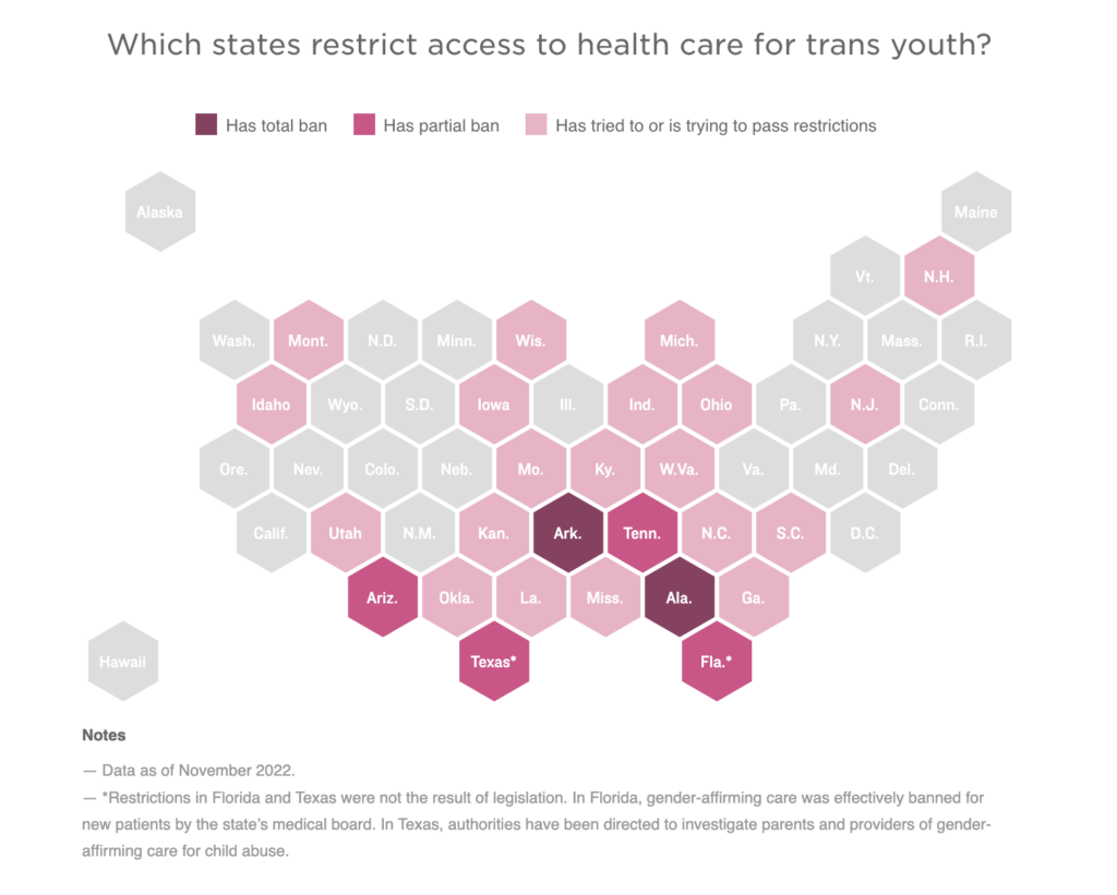 A map shows which states restrict access to health care for trans youth