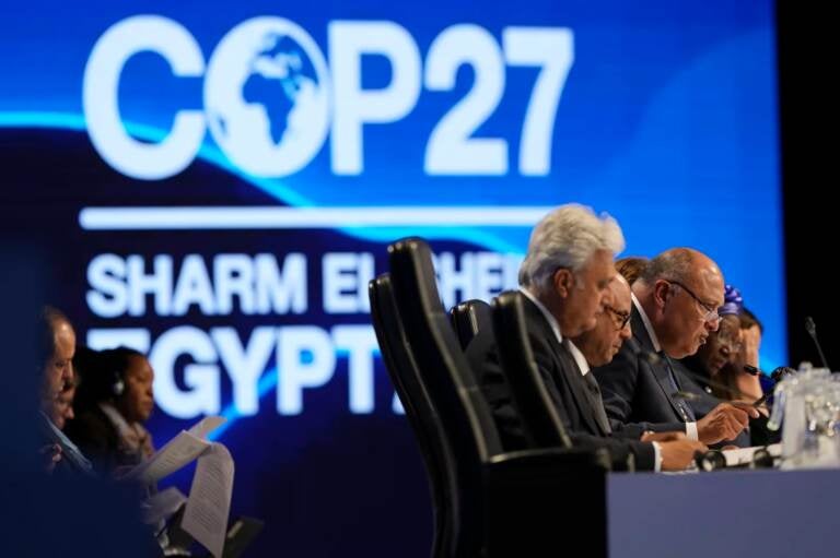 The COP27 summit went late into overtime, with Sameh Shoukry, president of the climate summit, speaking during a closing session on Sunday. (Peter Dejong/AP)