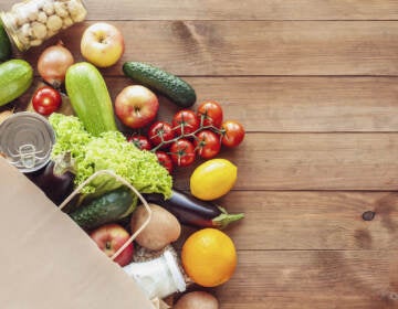 A bag of groceries is seen from above.