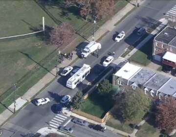 An aerial view of a street where a shooting occurred.