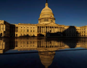 The U.S. Capitol at sundown.