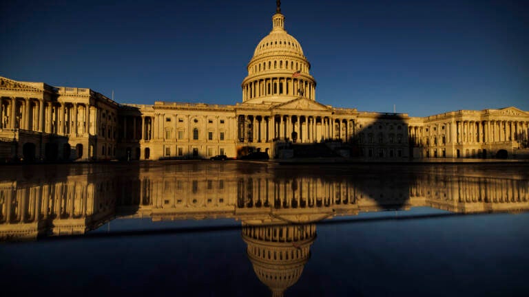 The U.S. Capitol at sundown.