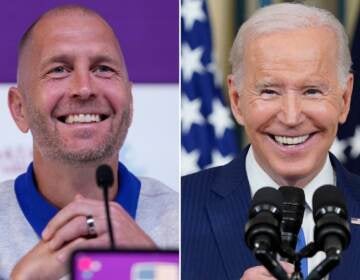 United States men's national soccer tem head coach Gregg Berhalter (left) and President Joe Biden. 