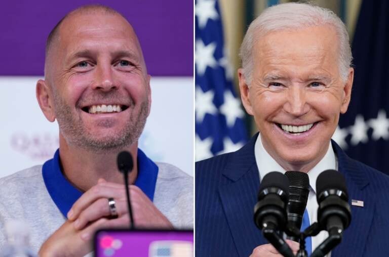 United States men's national soccer tem head coach Gregg Berhalter (left) and President Joe Biden. 