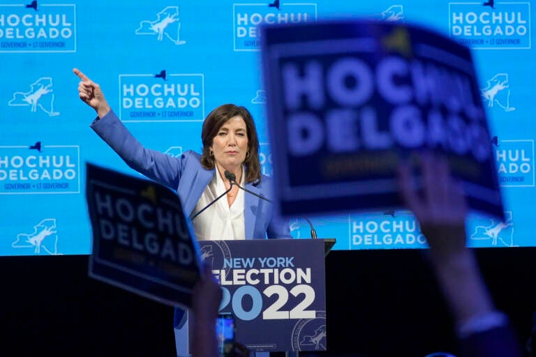 New York Gov. Kathy Hochul speaks to supporters during her election night party, Tuesday, Nov. 8, 2022, in New York. (AP Photo/Mary Altaffer)