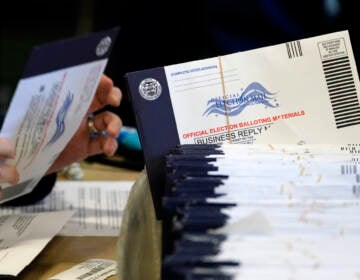 A person handles a mail ballot as a stack of mail ballots sit in front of them.