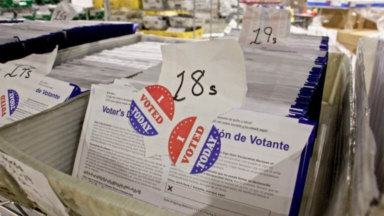 Philadelphia's 2020 mail ballots in a secure area at the Pa. Convention Center. (Emma Lee/WHYY)