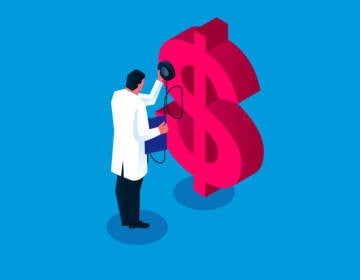 a doctor stands next to a dollar sign in an illustration.