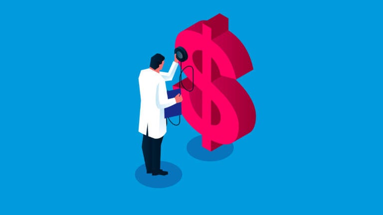 a doctor stands next to a dollar sign in an illustration.