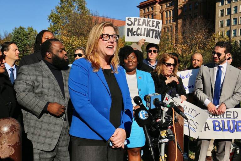 Pennsylvania state Rep. Leanne Krueger makes an announcement in Philadelphia on Nov. 9, 2022.