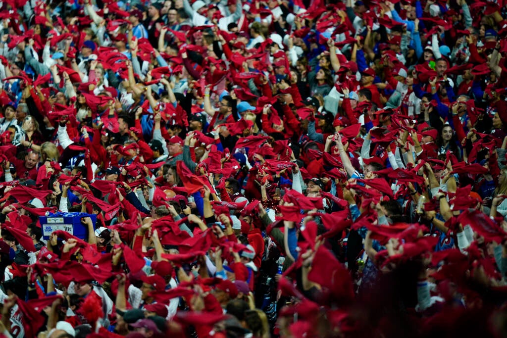 Fans cheer before Game 3 of the World Series