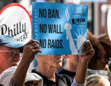 Protesters in Old City in 2017 march against building a border ''wall.'' (Angela Gervasi/Billy Penn) 