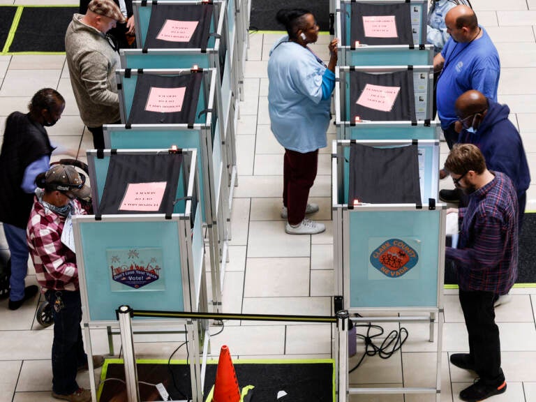 Voters stand in voting booths as they fill out their ballots