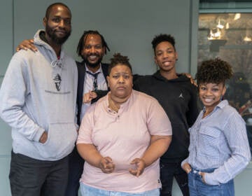 Tyrique Glasgow, Adam Geer, Taahzje Ellis (top) join Ajourdi Hargrove and Diamond Walker (bottom) for a roundtable conversation about solutions to gun violence. (Kimberly Paynter/WHYY