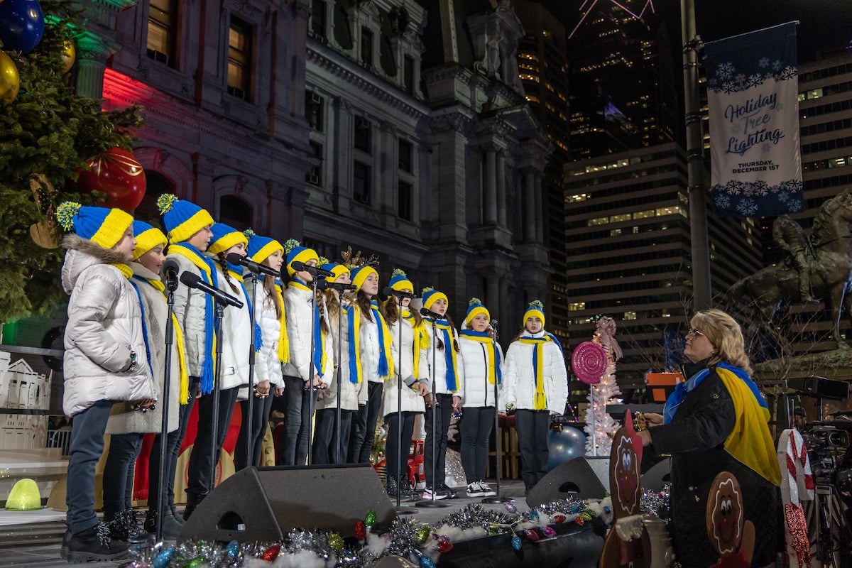 The Ukrainian Children’s Choir performs a Christmas Classic at the City of Philadelphia’s annual Christmas Tree Lighting Ceremony at City Hall on Dec. 1, 2022. (Kimberly Paynter/WHYY)