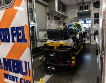 A view of a gurney inside an ambulance.