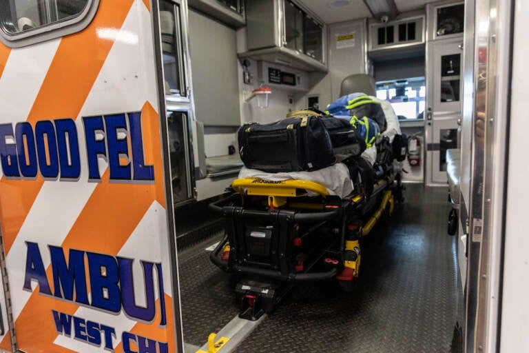 A view of a gurney inside an ambulance.
