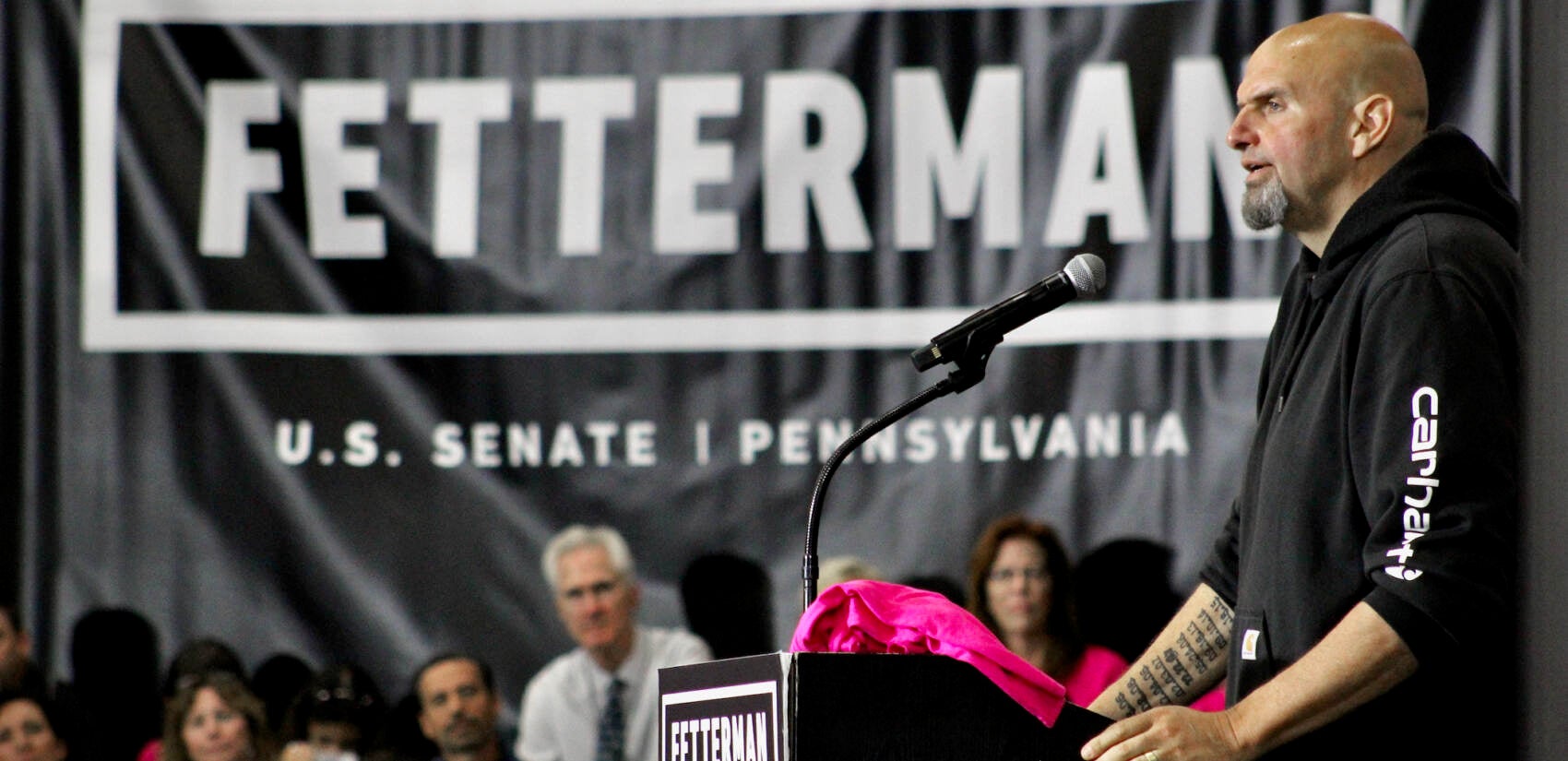 Then U.S. Senate candidate John Fetterman rallies with supporters in Montgomery County during a campaign stop