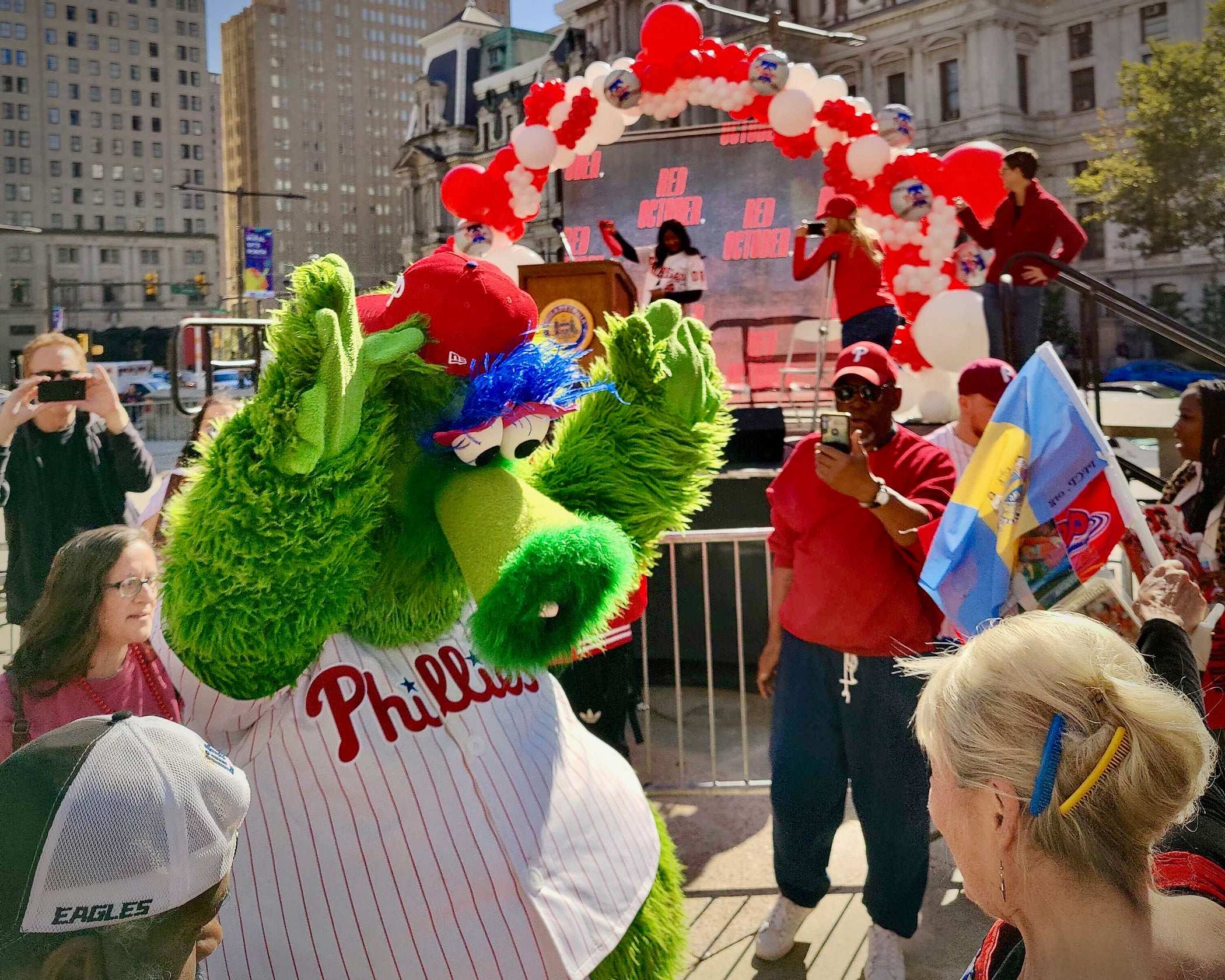Pictures of the Phanatic rallying South Jersey elementary school