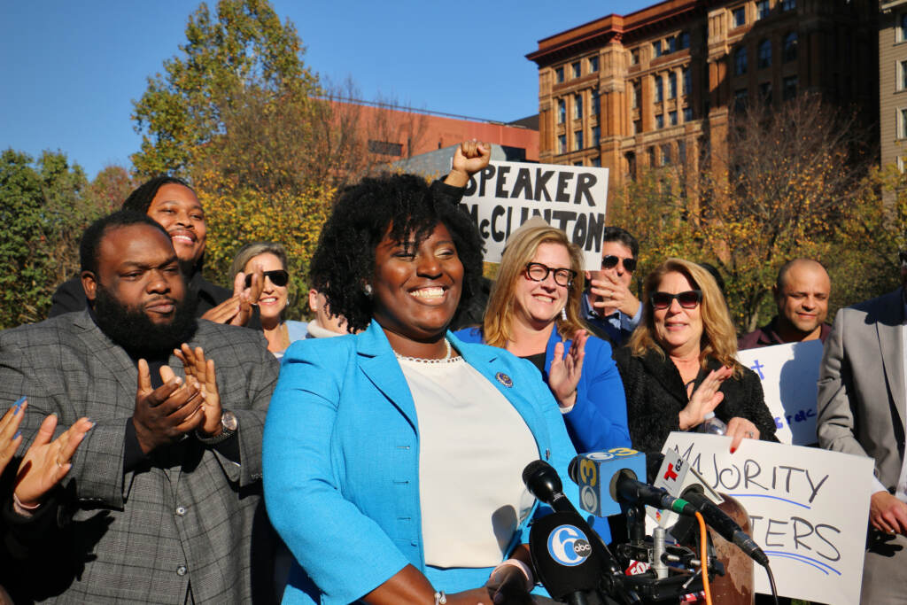 Pennsylvania state Rep. Joanna McClinton smiles outside Independence Hall