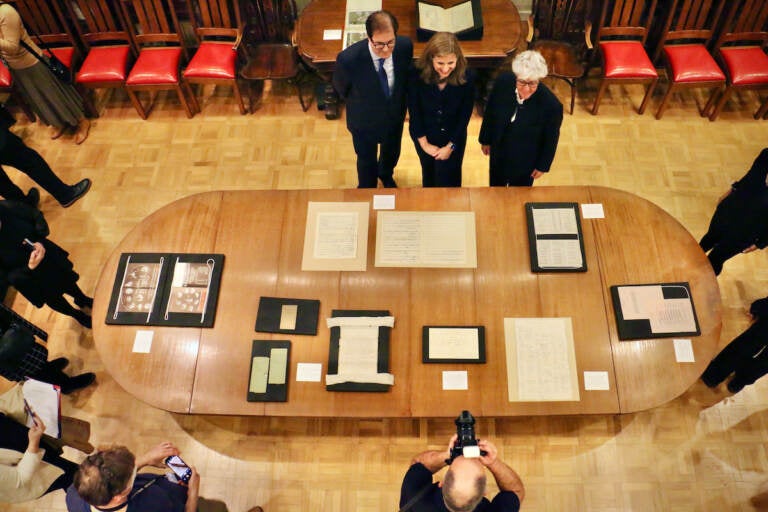 An aerial view of items displayed on a table.