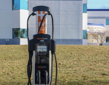 New EV charging stations in Camden County can charge 2 cars at once, as seen at Camden County College’s William G. Rohrer Center off of Rt. 70 in Cherry Hill, N.J. (Kimberly Paynter/WHYY)