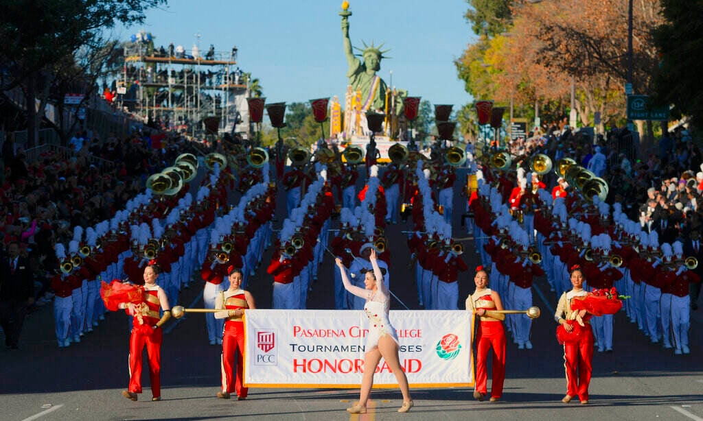 A marching band performs.