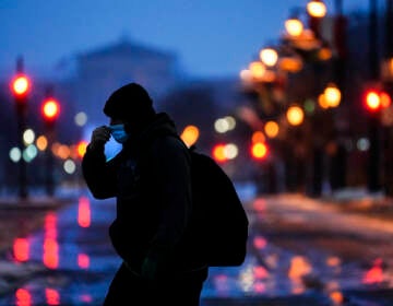 A person walks during a winter storm in Philadelphia.