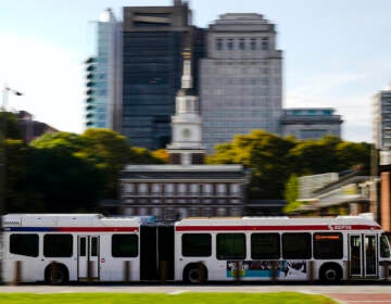File photo: A Southeastern Pennsylvania Transportation Authority bus (SEPTA) is driven on Market Street in view of Independence Hall in Philadelphia, Friday, Oct. 22, 2021. (AP Photo/Matt Rourke)
