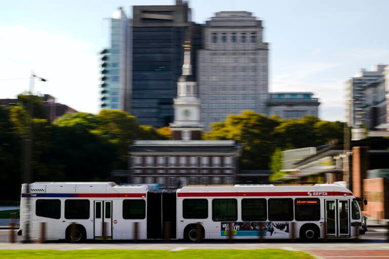 File photo: A Southeastern Pennsylvania Transportation Authority bus (SEPTA) is driven on Market Street in view of Independence Hall in Philadelphia, Friday, Oct. 22, 2021. (AP Photo/Matt Rourke)