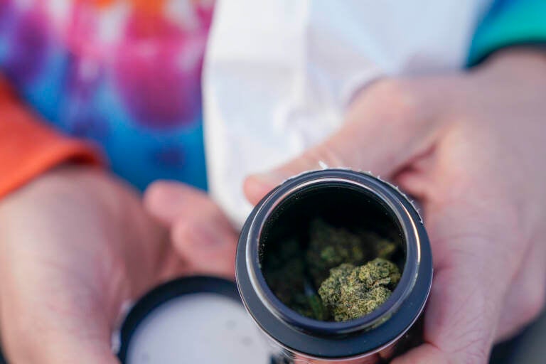 An up-close view of someone displaying weed that they purchased at a store in N.J.