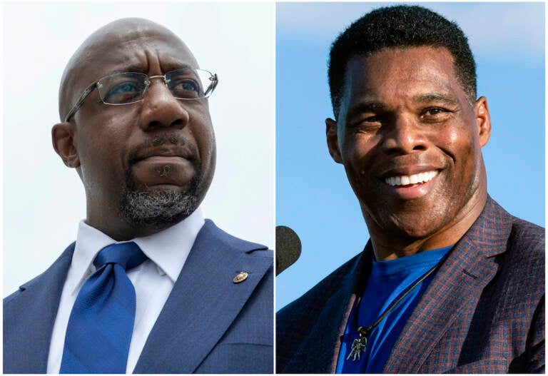 This combination of photos shows, Sen. Raphael Warnock, D-Ga., speaking to reporters on Capitol Hill in Washington, Aug. 3, 2021, left, and Republican Senate candidate Herschel Walker speaking in Perry, Ga., Sept. 25, 2021. Walker is in a runoff election with incumbent Warnock.  (AP Photo)