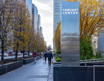 The sign for the Comcast Center in the Financial District. (Nathan Morris/Billy Penn)