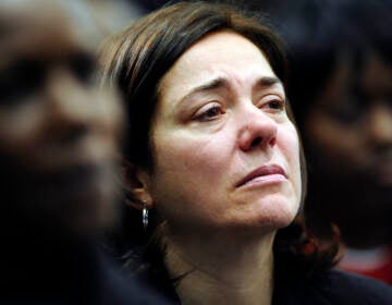 Francine Wheeler, mother of Sandy Hook Elementary School shooting victim Benjamin Wheeler, cries as she listens to Vice President Joe Biden speak during a gun violence conference.  (AP Photo/Jessica Hill)