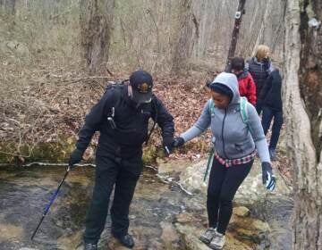 Hikers cross a stream in the forest.