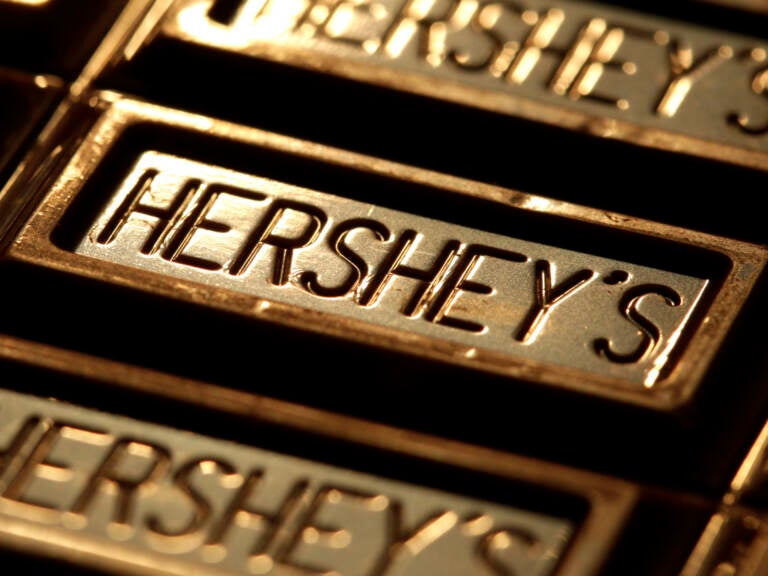 A close-up of a chocolate bar that has the Hershey's name on it.