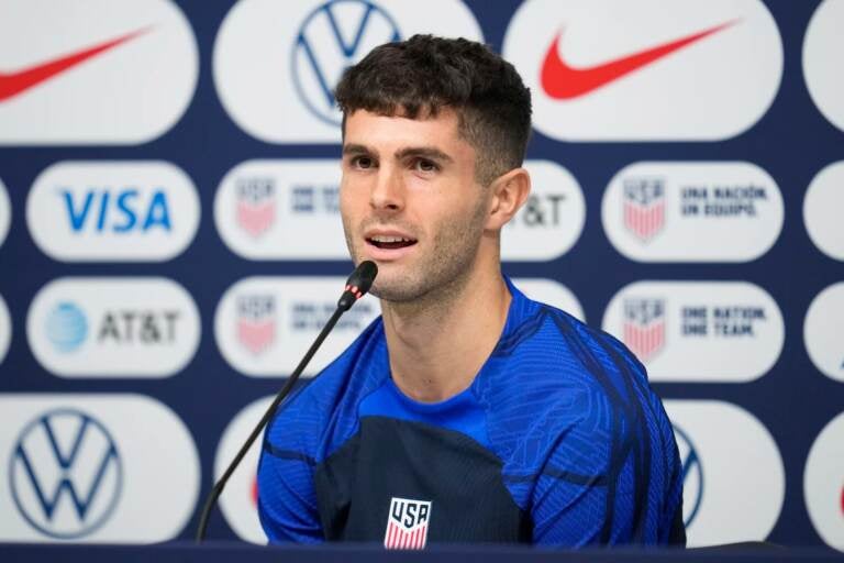 Christian Pulisic of the United States attends a news conference before a training session at Al-Gharafa SC Stadium, in Doha, Thursday, Dec. 1, 2022. (Ashley Landis/AP)