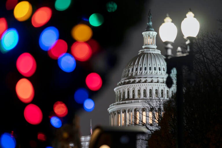 The Capitol is seen amid holiday lights Wednesday evening as the House of Representatives works to approve the Respect for Marriage Act, a bill already passed in the Senate to codify both interracial and same-gender marriage, in Washington, Dec. 7, 2022. (AP Photo/J. Scott Applewhite)