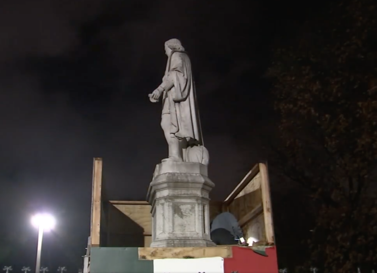 Crews removed the box surrounding the Christopher Columbus statue in South Philadelphia's Marconi Plaza on Sunday night. (6abc)