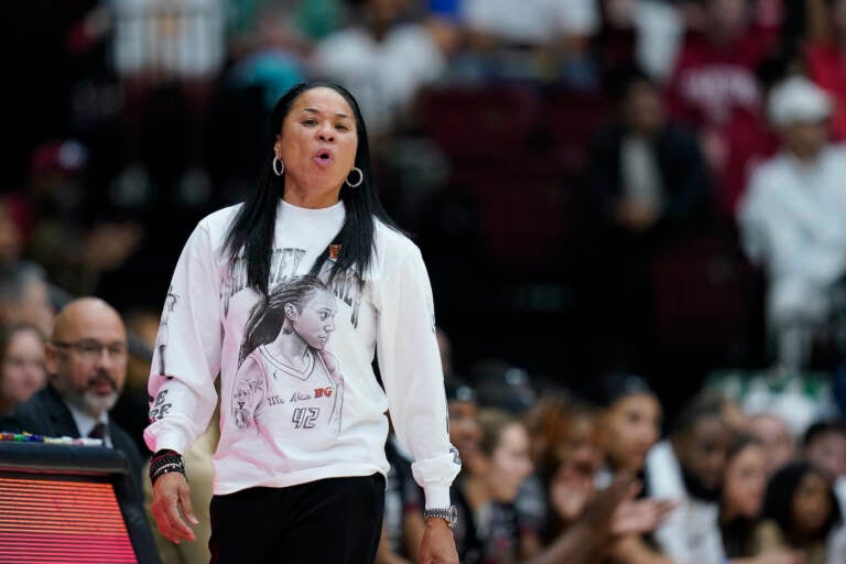 South Carolina head coach Dawn Staley watches during the first half of an NCAA college basketball game against Stanford in Stanford, Calif., Sunday, Nov. 20, 2022. (AP Photo/Godofredo A. Vásquez)