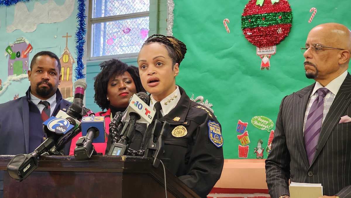 Police Commissioner Danielle Outlaw speaks from a podium.